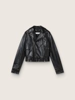 Women's black leather biker jacket with glossy effect