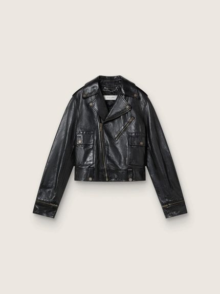 Women's black leather biker jacket with glossy effect