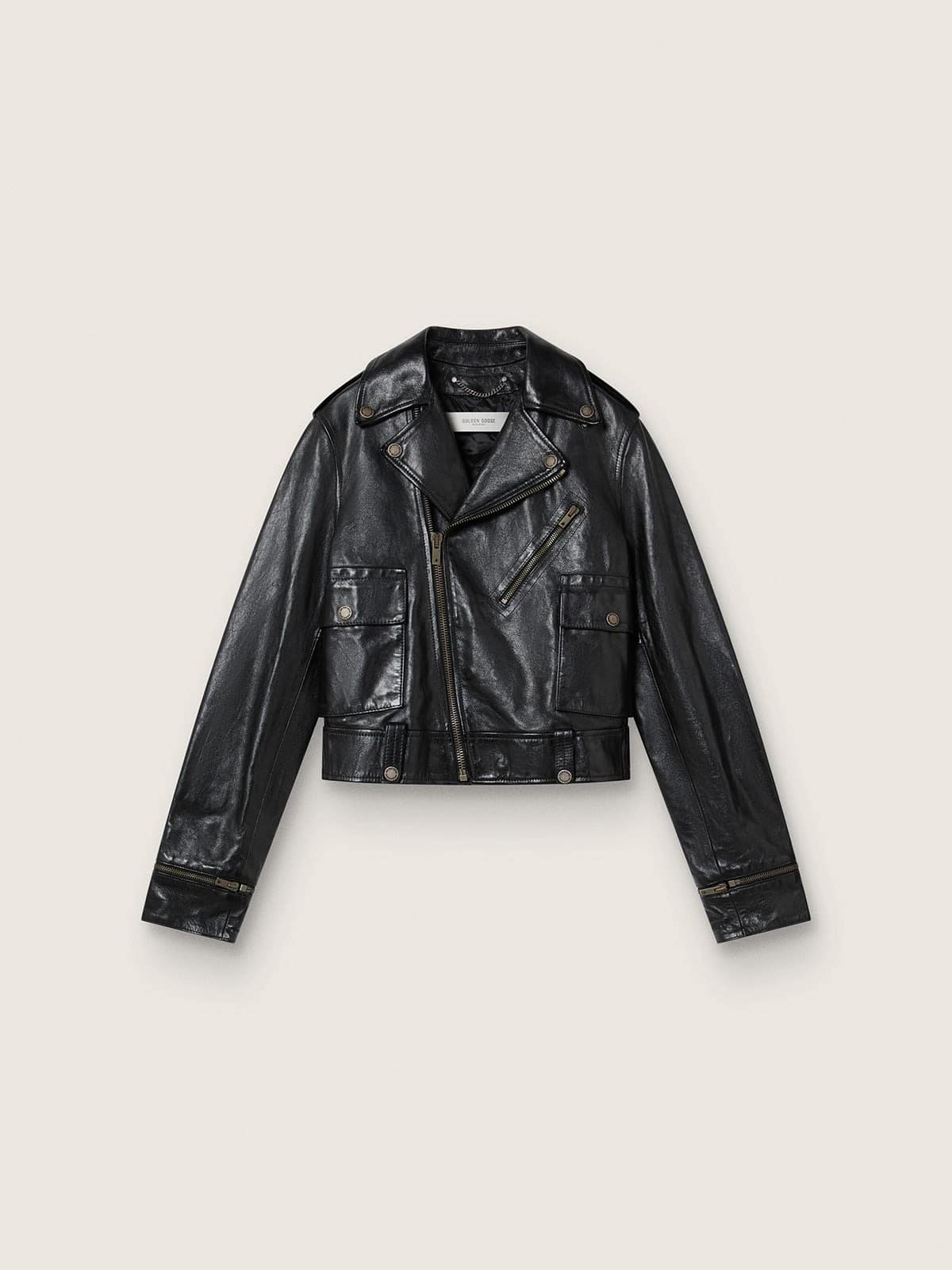 3e29a29138d4af730245ac4a419d9630a3d865a054736fe22f2ab3b35296b324 Women's black leather biker jacket with glossy effect - Image 1