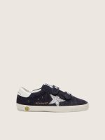 Young Old School in blue suede with silver glitter star and white leather heel tab