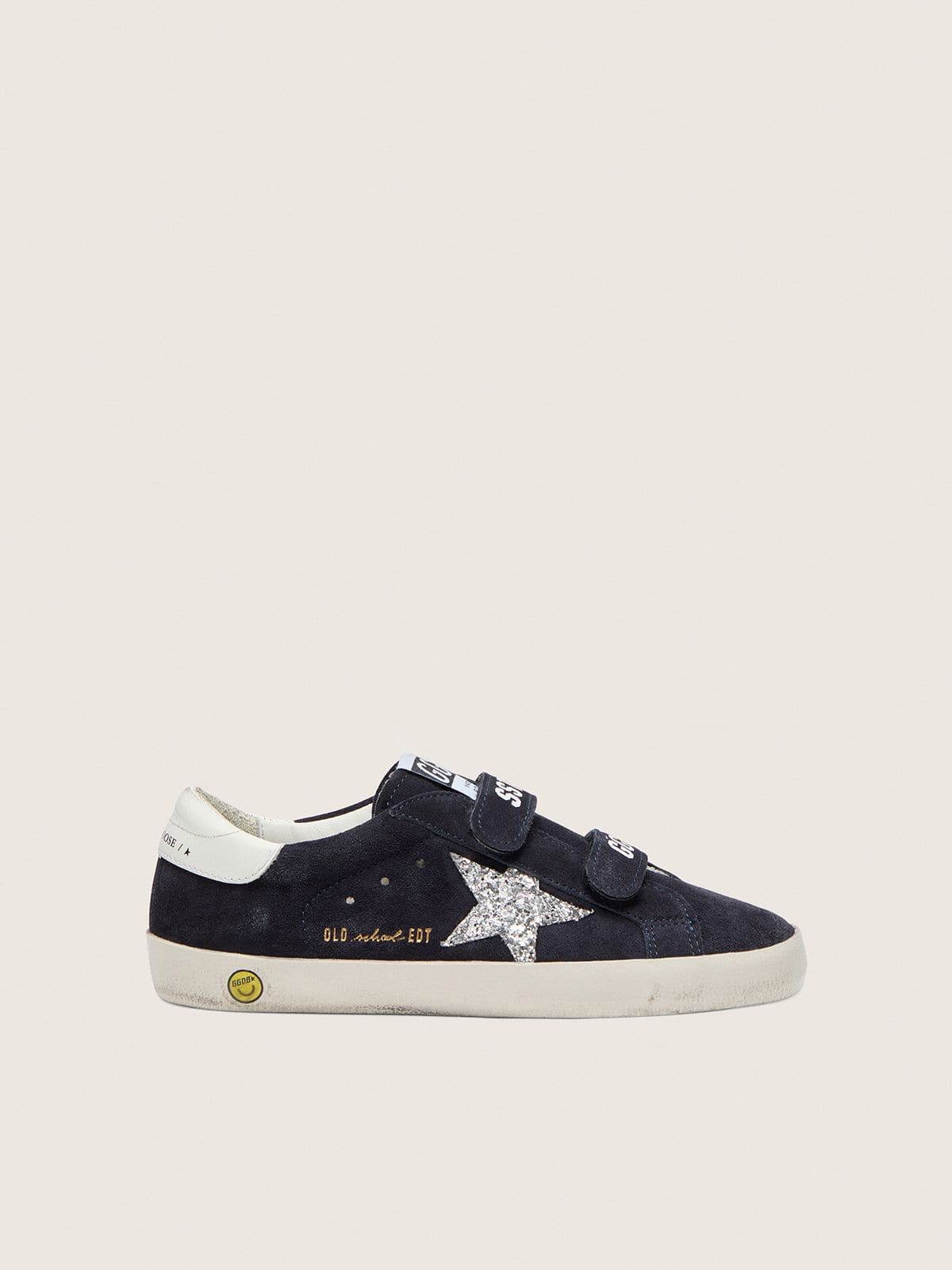 3e2ae12f301f6c28674123194e6d31d2b2be881de892482ffbe6378f6c3ba1a7 Young Old School in blue suede with silver glitter star and white leather heel tab - Image 1