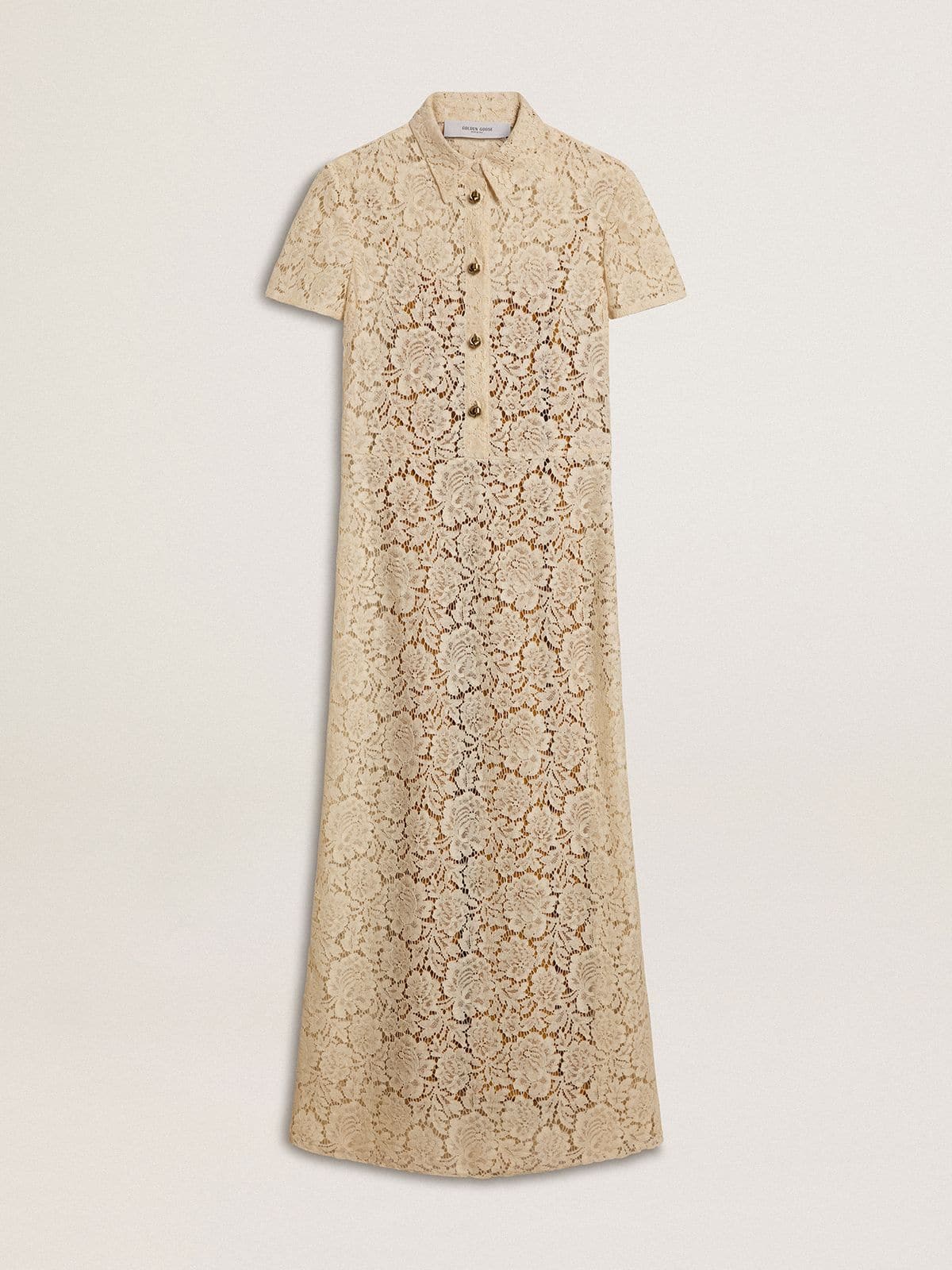 3fb8e4cb13fed0b46052727599727f2ad8aa7d82b4dbfa8d6de86cbbcba1abaf Women's midi dress in cream-colored see-through lace - Image 1