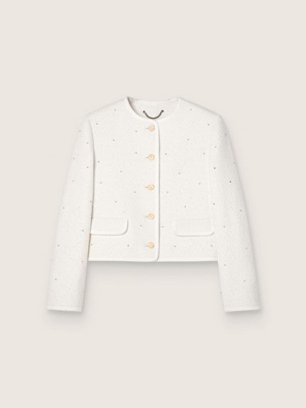 Women's boxy jacket in boucl�� cotton with all-over beads