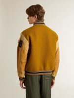 Ochre yellow wool bomber jacket with leather sleeves - Image 4
