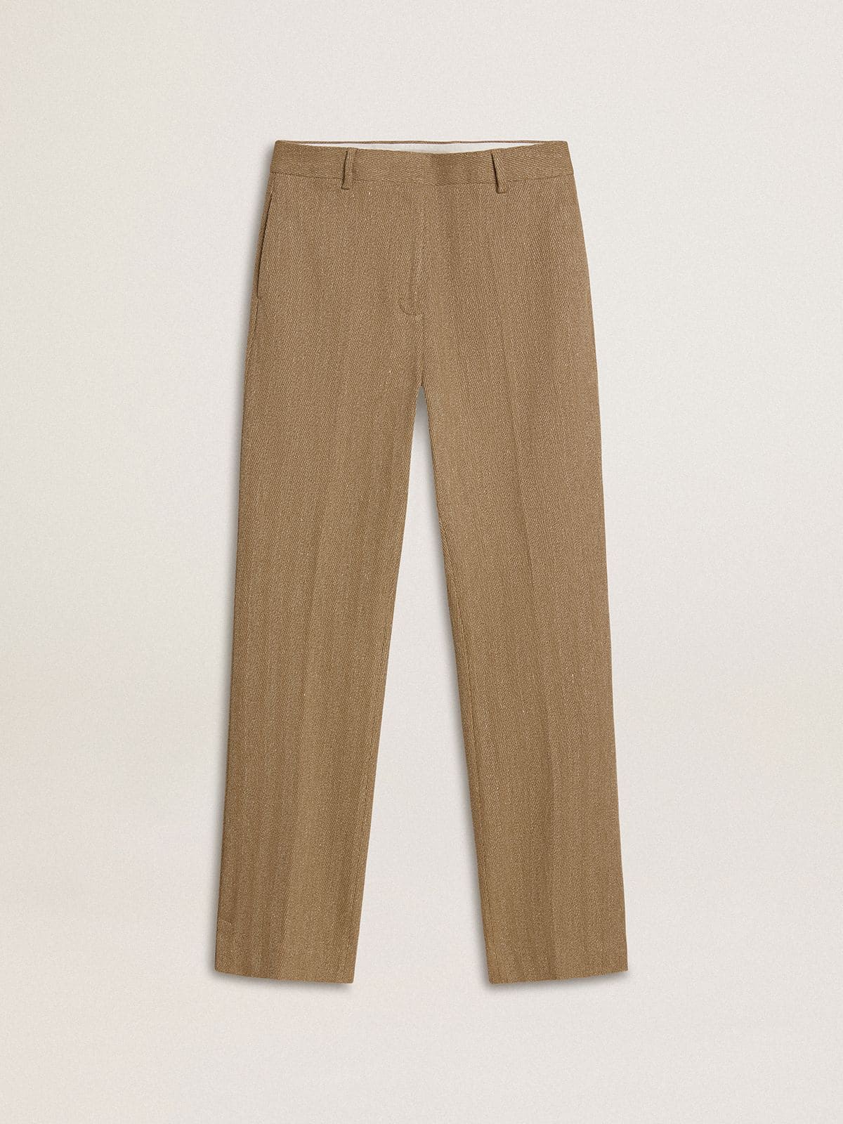 40f6207a2f4833db6fe8c0180caaea9418121390165277d80f6738cef2180f9e Women's trousers in a sand-colored herringbone linen blend - Image 1