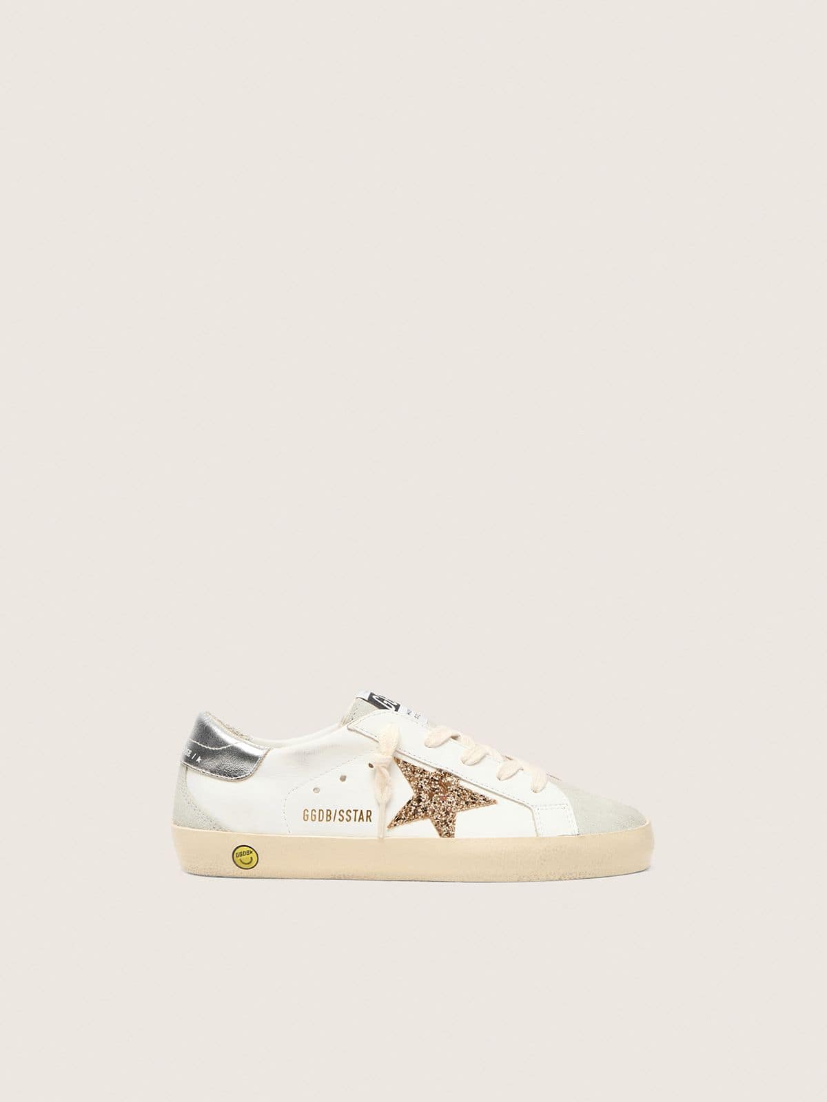 41d63a16c5205cb9f3953605a134909faa4e1d5ef1dec03d6fe52a38740ca918 Junior Super-Star with gold glitter star and silver metallic leather heel tab - Image 1