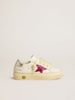 May Young with fuchsia glitter star and metallic leather heel tab