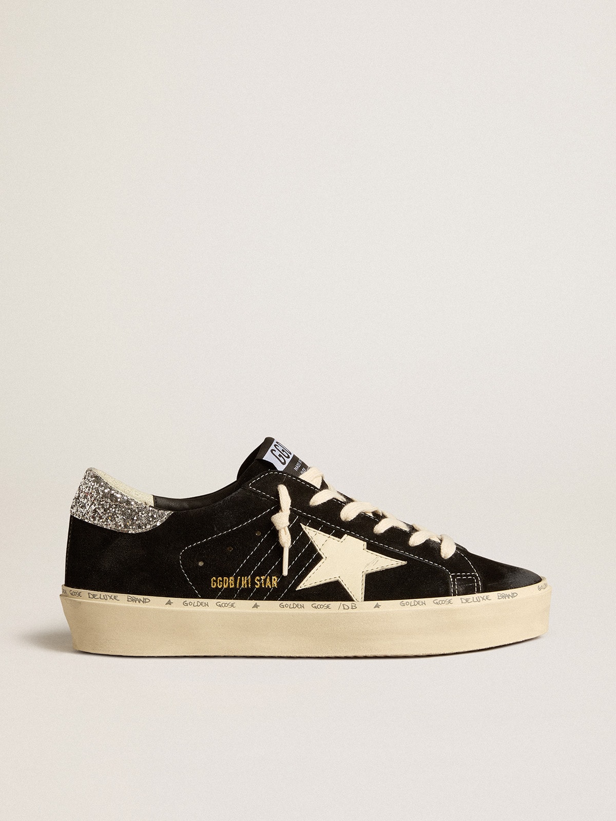 42e76d01045688f3b8e5dae545ee4a8223ff40ab6fda57cb86139b9e11c53f30 Women's Hi Star in black leather with silver glitter heel tab - Image 1
