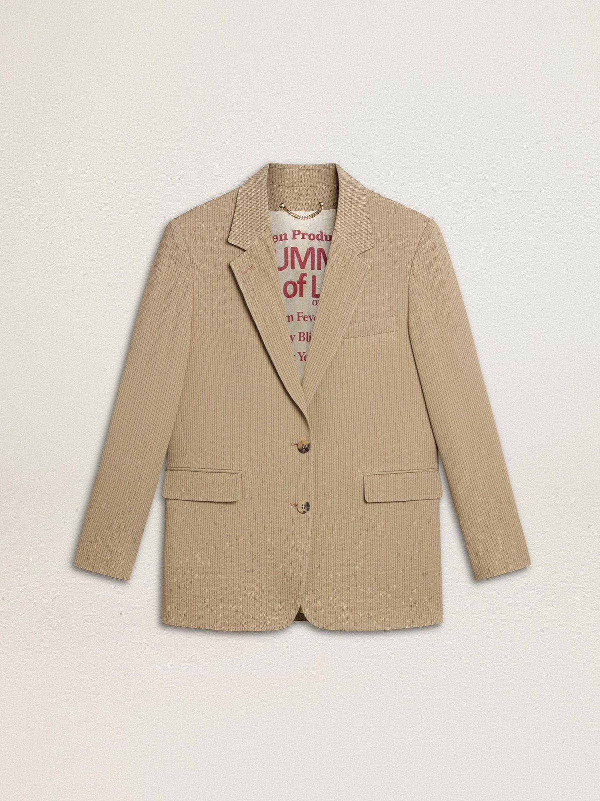 43ccb2262082fe59b9bb6368931ff196887203e535d736d26da21661afc3ee29 Women's beige pinstripe single-breasted jacket with an oversized fit - Image 1