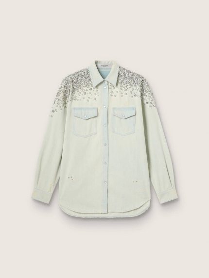 Women's bleached boyfriend shirt with cabochon crystals