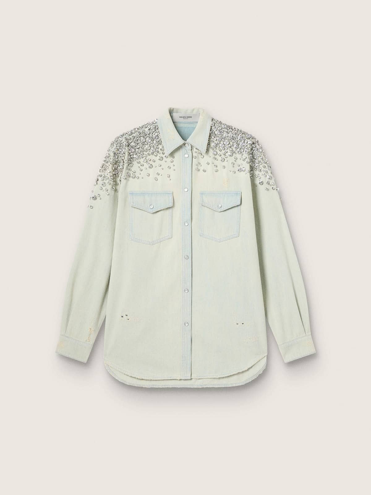 43d5aa0530ac137e09bba7692e63905a05b97ae1a3a43cd7a64165e823b3cb16 Women's bleached boyfriend shirt with cabochon crystals - Image 1