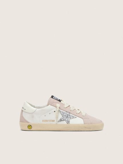 Junior Super-Star in white and powder-pink leather with silver glitter star
