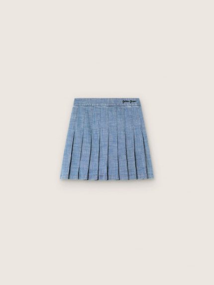 Journey girls' pleated miniskirt in light blue cotton chambray with embroidered logo