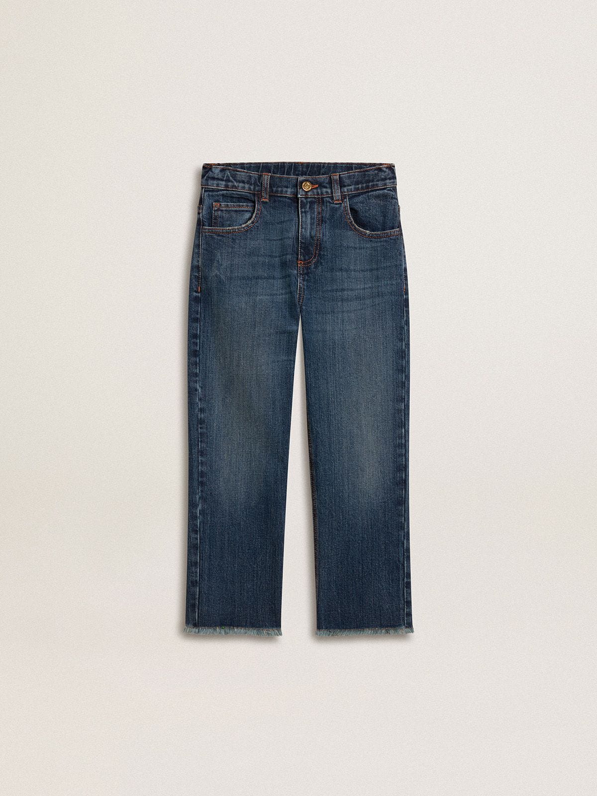 45cf9983f052cbe92df90fc647c391068b7297b7a832ef48e25b4fc62cefa25f Boys' denim jeans with a raw edge and embroidery - Image 1