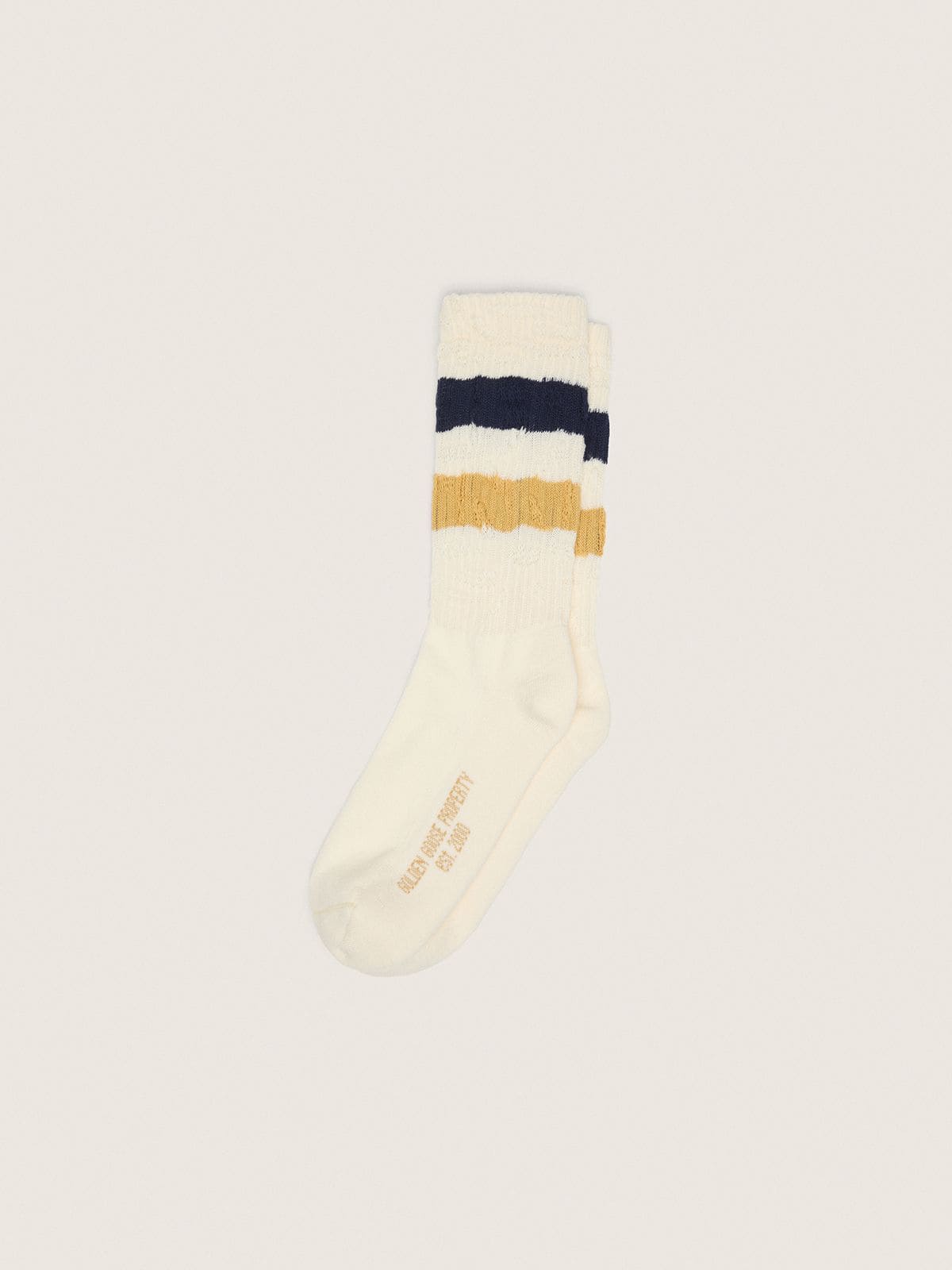 462dd9c8c68047b877bd5e9966a34cea825d004b486d324924bc8f69bee36bd8 Aged-white socks with distressed details and two-tone stripes - Image 1