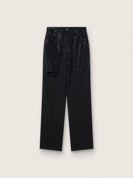 Women's cotton denim pants with shaded-effect crystal decoration