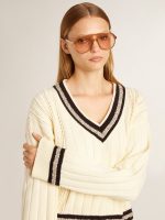 Women's cable-pattern cropped sweater with blue ribbing and crystals - Image 6