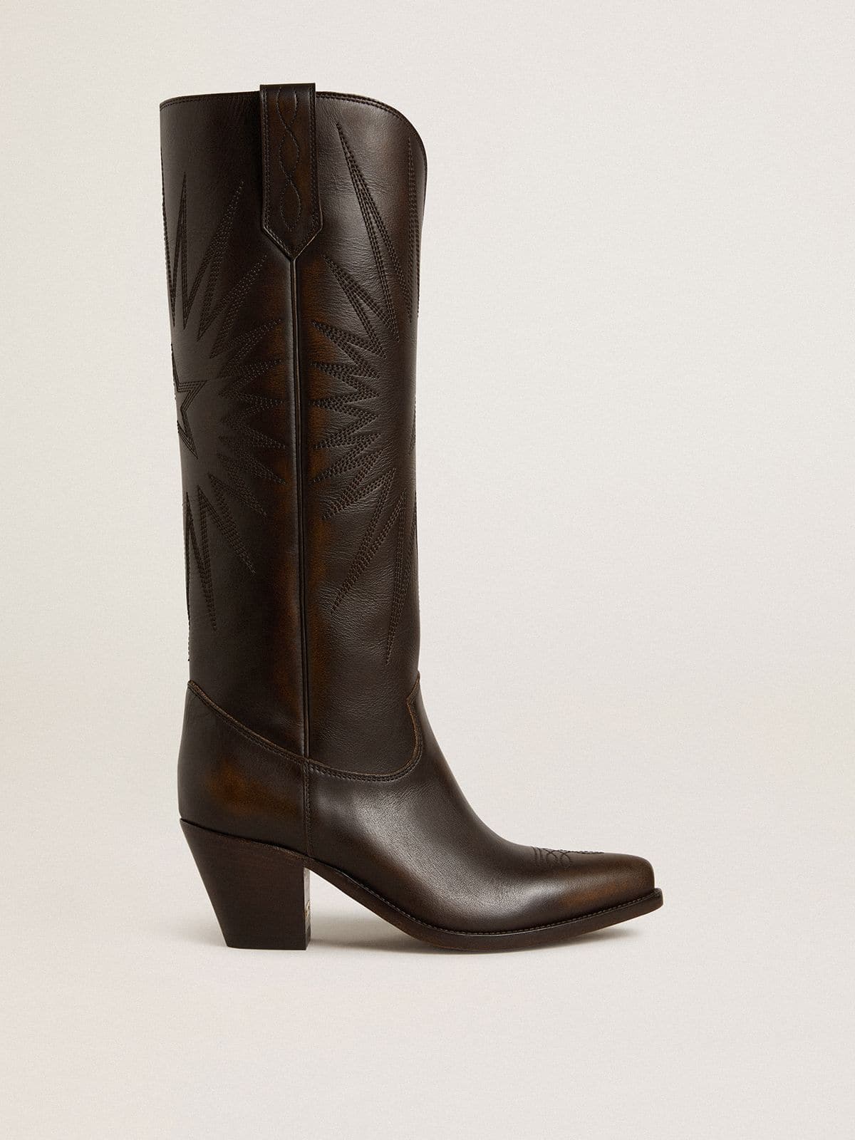 48ac8e383e241c4b38e0b01dbe968411340cfb87cbed2604e19a99f4ab7d3272 Wish Star boots in dark brown leather with tone-on-tone embroidered star - Image 1