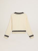 Women's cable-pattern cropped sweater with blue ribbing and crystals - Image 7
