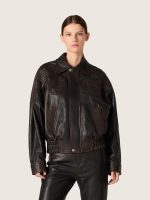 Women's bomber jacket in dark burgundy nappa leather with floral embroidery - Image 5