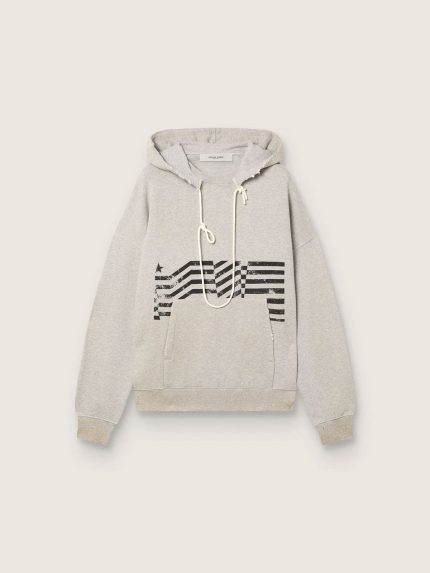 Unisex hooded sweatshirt in gray cotton with vintage flag print