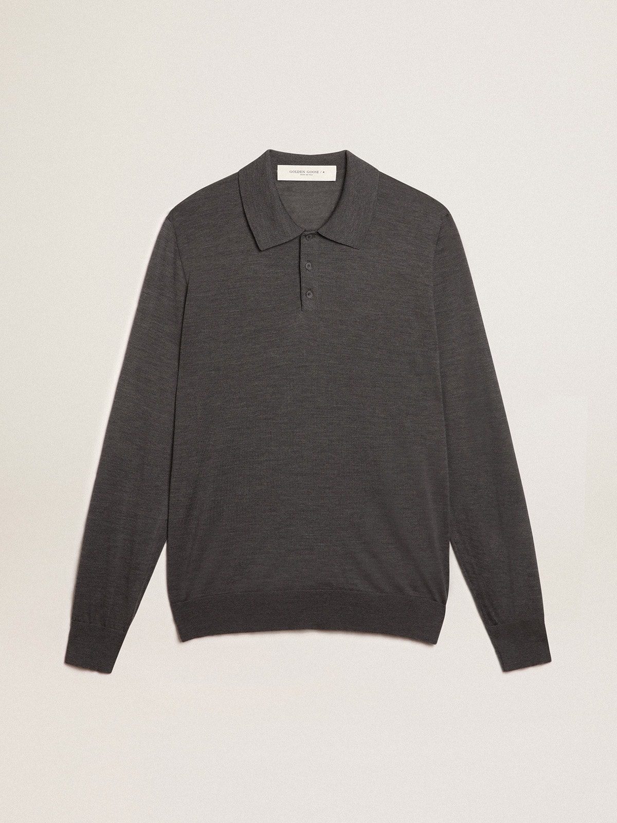 4c615ecbf4de5886814d8fe4908d499df584697b8a12517e3761d2cc88a781e6 Men's long-sleeved polo shirt in gray merino wool - Image 1