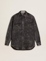 Women's black denim shirt with ton sur ton floral pattern