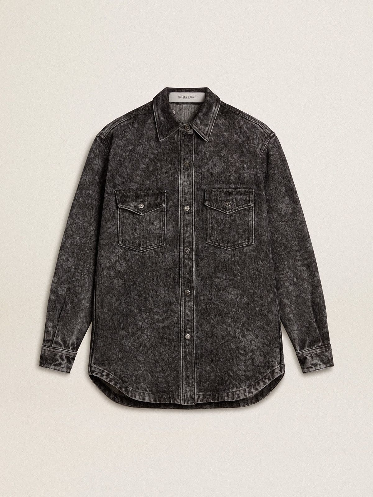 4d2fc6b91d997cd70c8dd380ba447243deadb49671d571eb06991f2d030cb607 Women's black denim shirt with ton sur ton floral pattern - Image 1