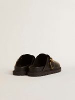 Women's Lucy Sabot in glossy black leather with gold metal buckle - Image 4