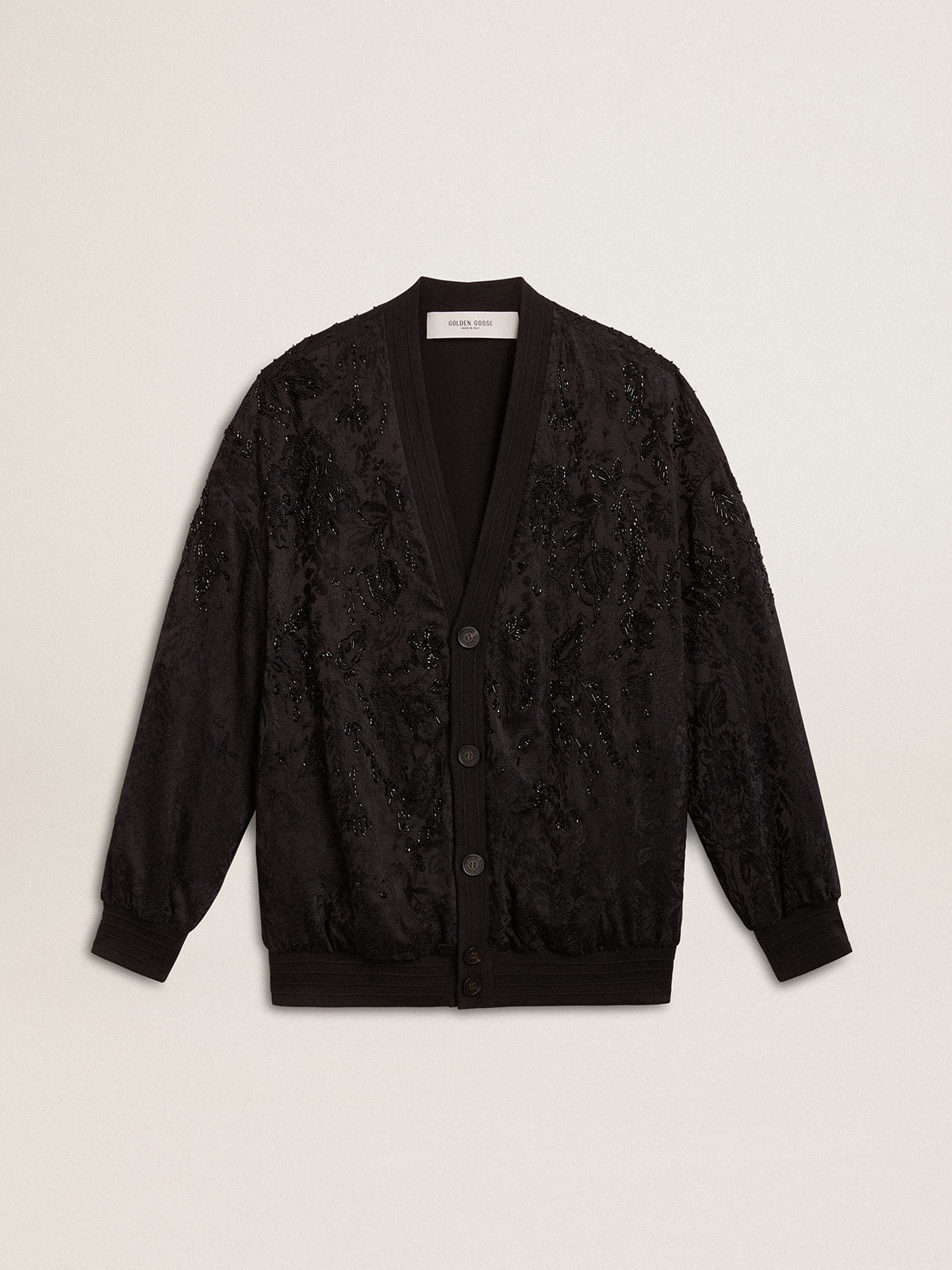 4e89437cb29b931ffd907ccbbc7001760cb345d3ac2b90aee72a7915684209c3 Women's black cardigan with tone-on-tone toile de jouy bead embroidery - Image 1