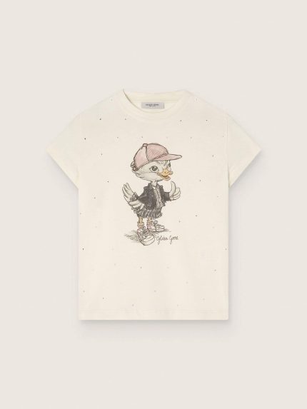 Journey T-shirt for girls in white cotton jersey with digital mascot print and crystal appliqu��s