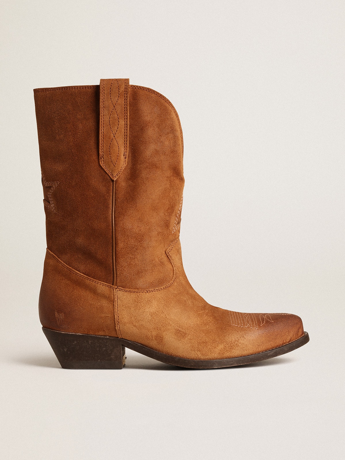 4feab0ade459108b085d991532d235c960958c053f4bfc4b40c3f9fb0e9b9736 Low Wish Star boots in cognac-colored suede with inlay star - Image 1