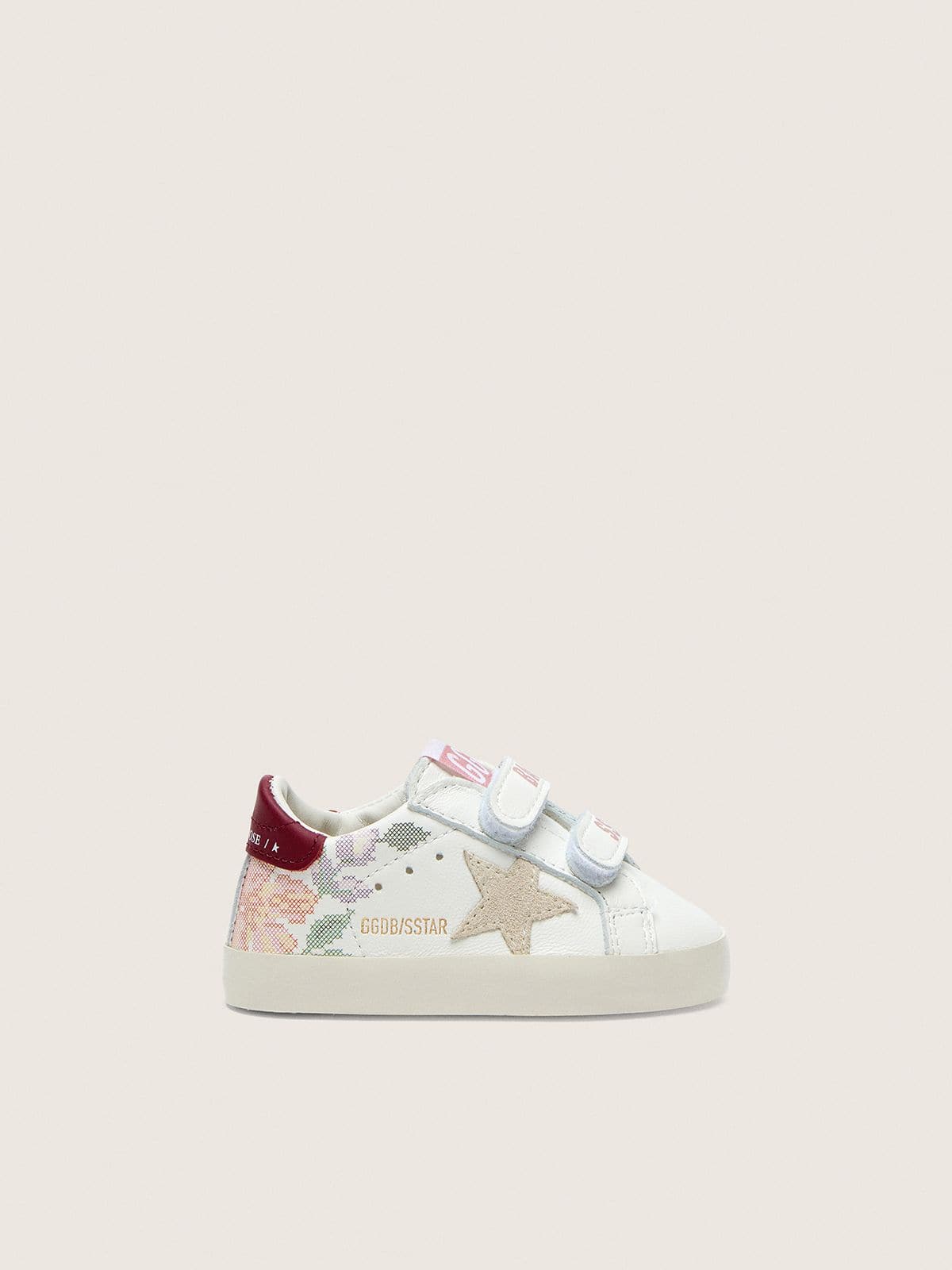 5059ffadb11bfbb045248d2dbd129fca5ac028faf877c9f207767b72c91f5872 Baby Old School in white leather with pearl suede star and flower print - Image 1