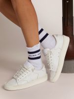 Cotton socks with distressed finishes, blue stripes and logo - Image 3