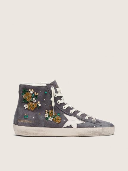 Women's Francy in dark gray suede with white star and beads and crystals