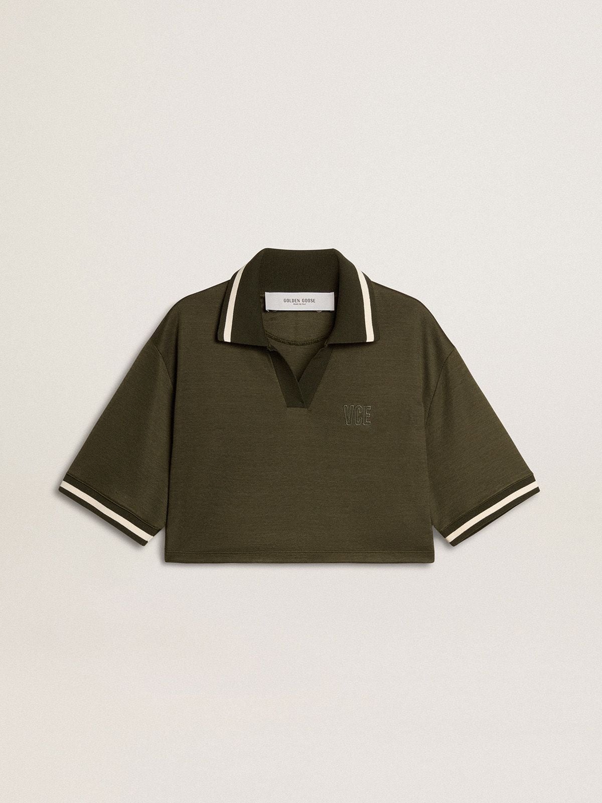 545e5b002a490cf7f3766f6ed5eb9fbf09411c7fb364387de2b042fd5470f3f6 Women's cropped polo in military-green jersey with embroidery - Image 1