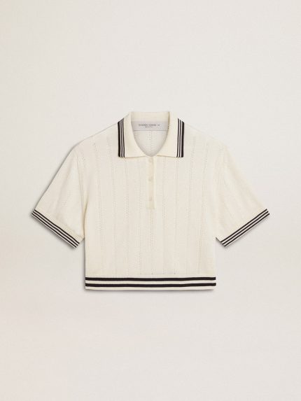 Women's cropped worn-white cotton polo shirt with blue ribbing