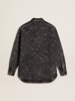 Women's black denim shirt with ton sur ton floral pattern - Image 6