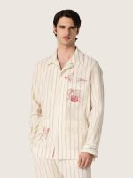 Unisex shirt in ecru and sand striped cotton and linen with embroidery - Image 6