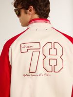 Bomber jacket in worn white and red with embroidery - Image 5