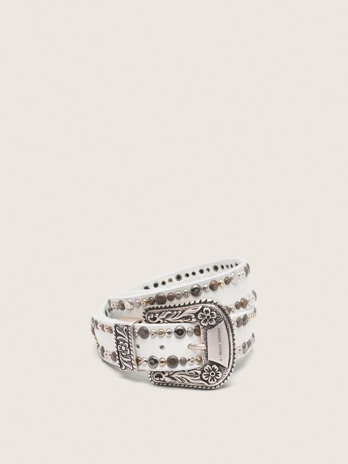 567a337c38ad14ccca18fea99355671428b99ad8d7512f80df02ca96561f6bc3 Women's belt in white leather with colored studs - Image 1