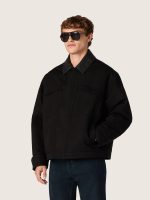 Men's short padded jacket in black cotton with leather collar - Image 5