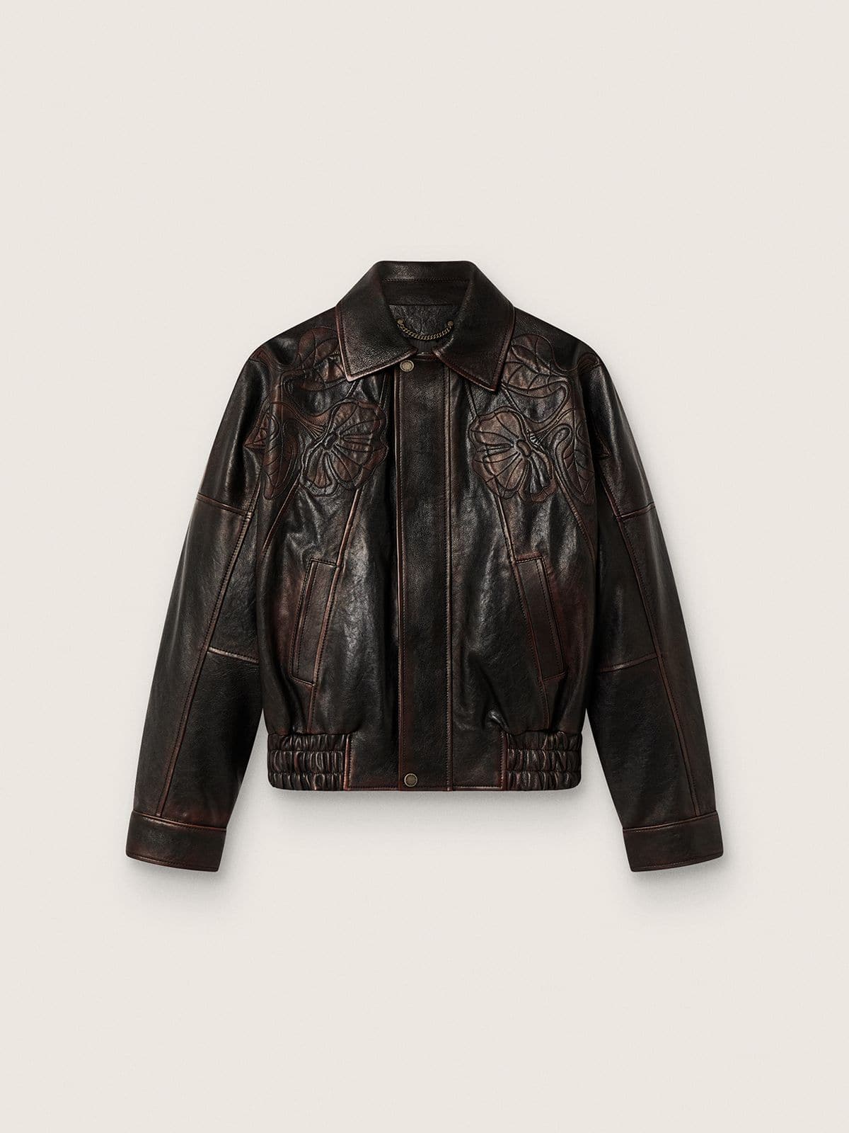 57612aeb5aa14cb68718f21f75c0e8c821519e67ea148e81e8ebdcb6e64e0a28 Women's bomber jacket in dark burgundy nappa leather with floral embroidery - Image 1