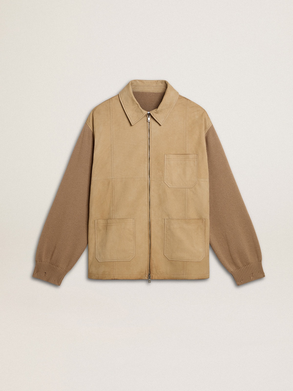 57bf36e09836e5d5770144a07d2fdf49150969aaedbc5a38817061cc834b11fb Men's jacket in travertine-colored nubuck leather with wool-blend sleeves and back - Image 1