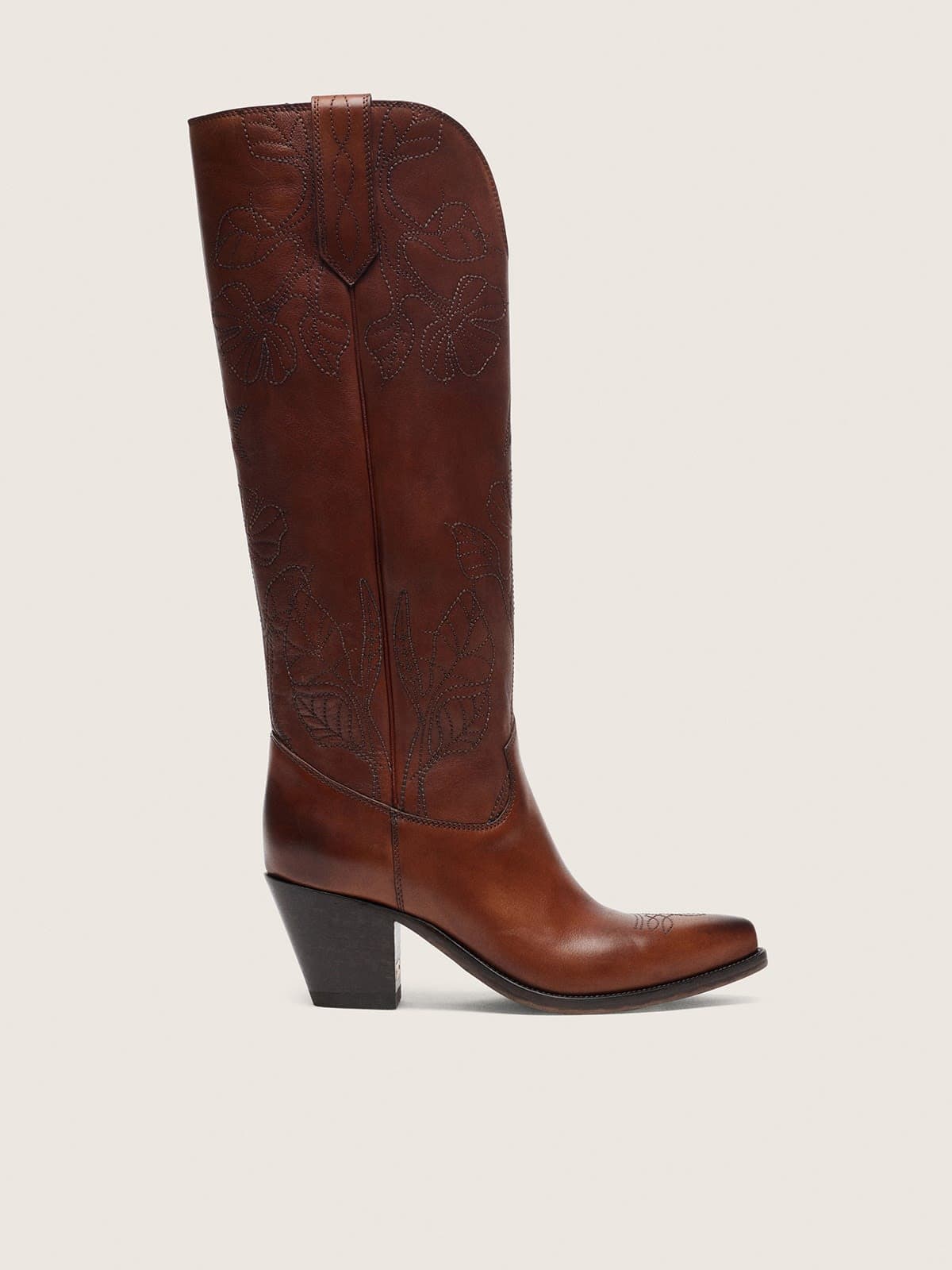 582a66a96c9dacfc2ad1f5fdf95ef31e524509bdc240f3638550a415ec85251b Women's high Wish Star boots in brown leather with floral embroidery - Image 1