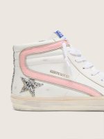 Women's Slide in white leather with silver glitter star and pink leather flash - Image 4