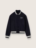 Women's bomber jacket in dark blue wool with white details