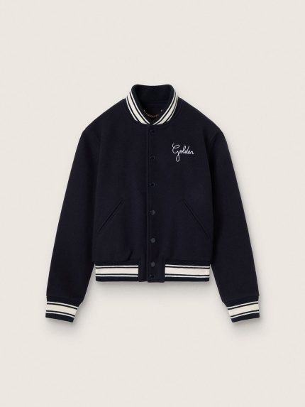 Women's bomber jacket in dark blue wool with white details