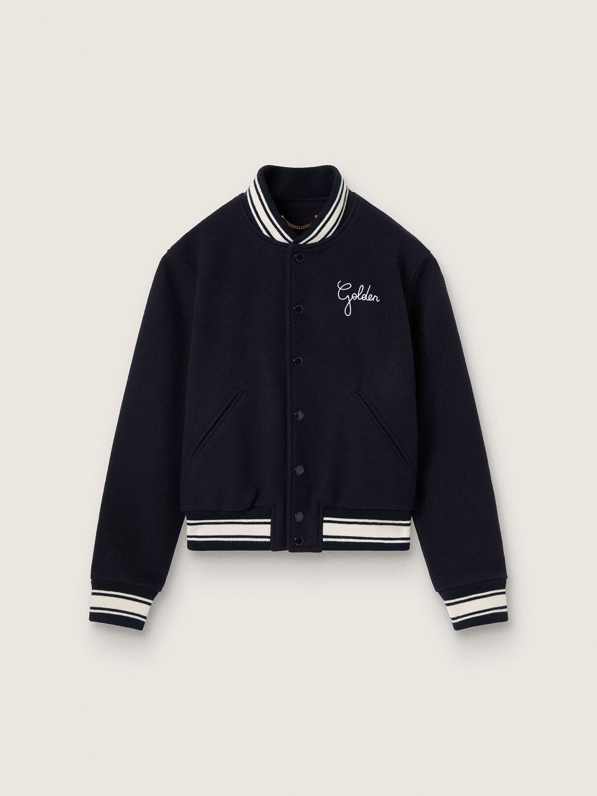 58356829f7323cb68a07741c834de15bb116f15da83e2f3ddfef83139d1c9c1c Women's bomber jacket in dark blue wool with white details - Image 1