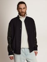 Men's bomber jacket in dark blue wool with leather sleeves - Image 2